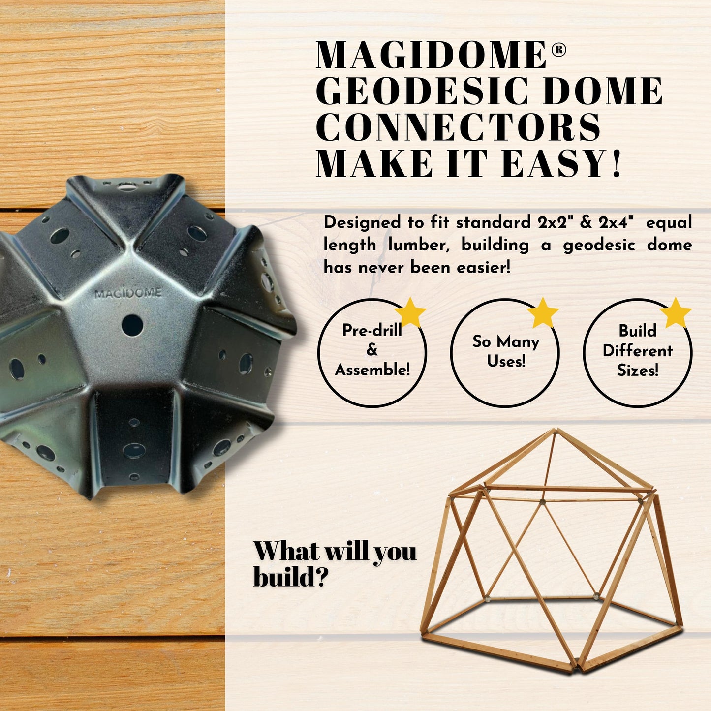 Magidome Geodesic Dome Connectors make building a geodesic dome easy, fun and affordable. Build a diy yurt, greenhouse, chicken coop, festival tent, hunting blind, trellis, gazebo, pergola, fort, shelter, shed, stage, meditation yoga dome!